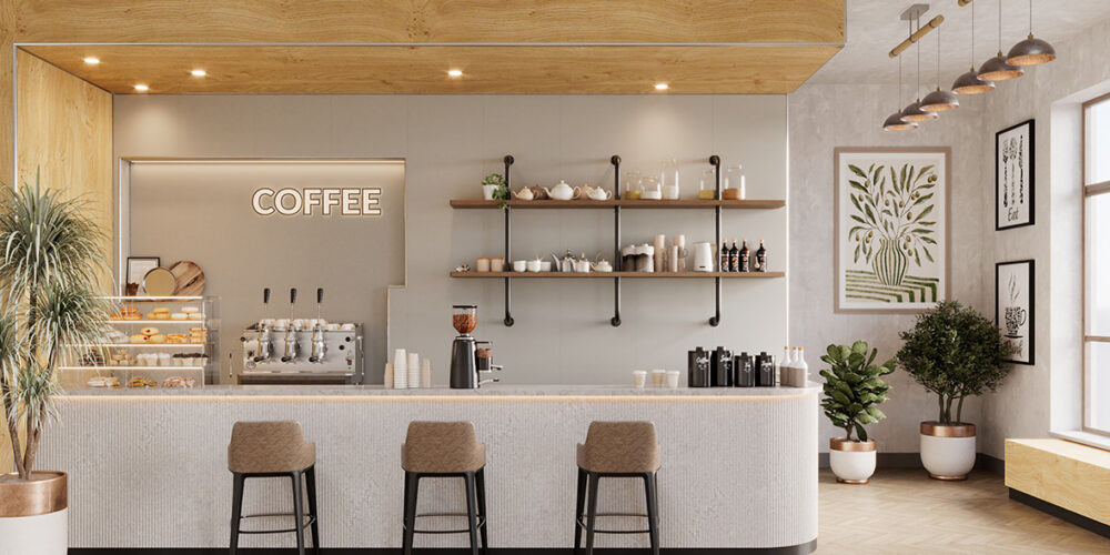 Buhne Board commercial wall lining panels in a coffee shop with Scandinavian Oak and Egyptian Cotton on the walls