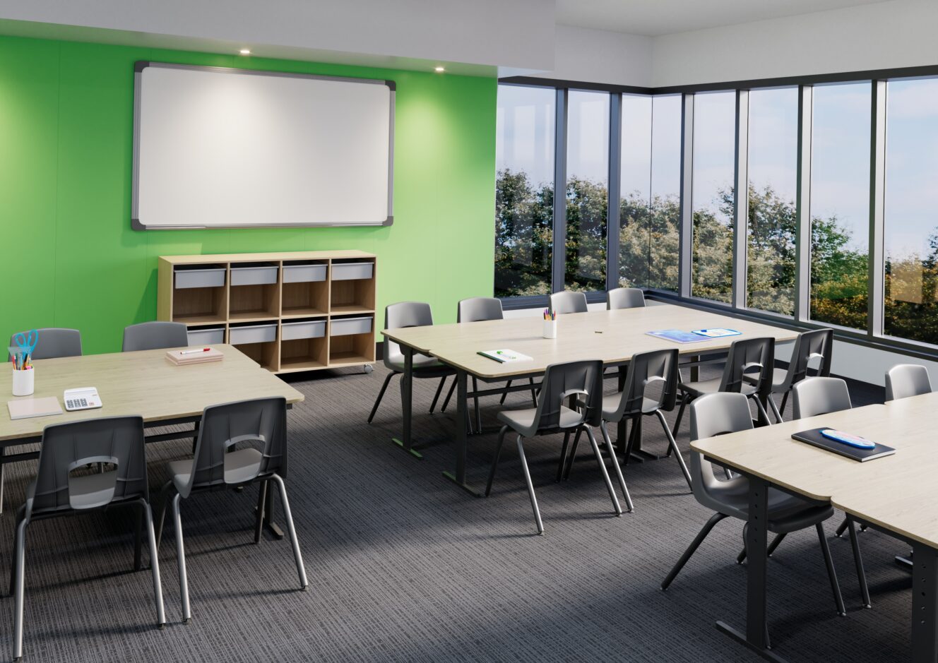 Buhne Board commercial wall lining panels in Cactus Green colour installed in the walls in a school classroom