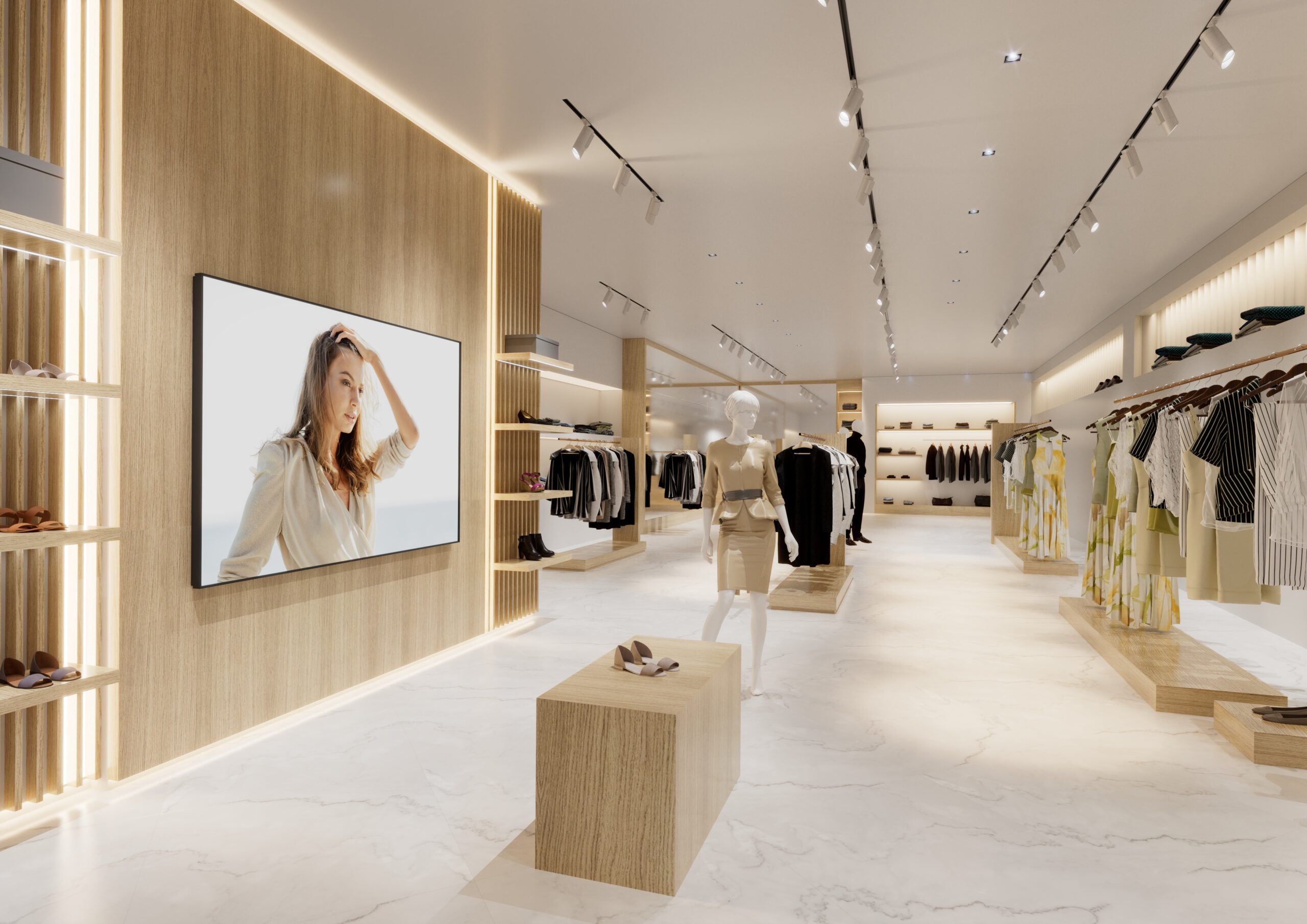 Buhne Board commercial wall lining panels in Scandinavian Oak and Egyptian Cotton installed in the walls in a retail store