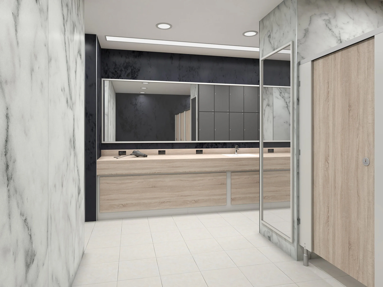 Washroom décors: Grey Sonoma Oak and Royal White