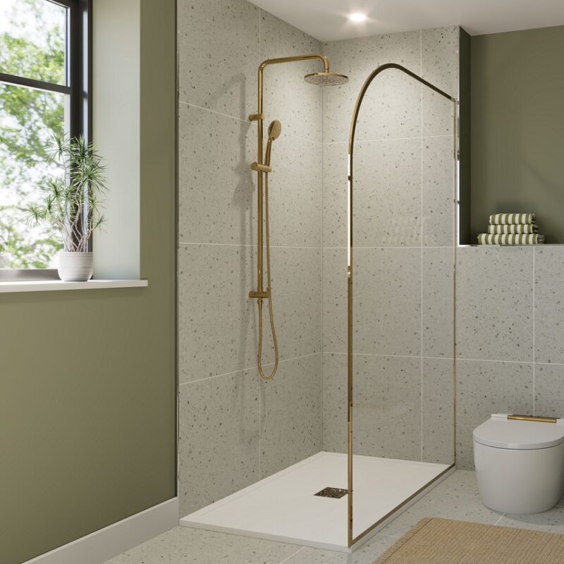 Lyngdal Bianco Terrazzo and Sage Green bathroom wall panel Roomset 1000x1000