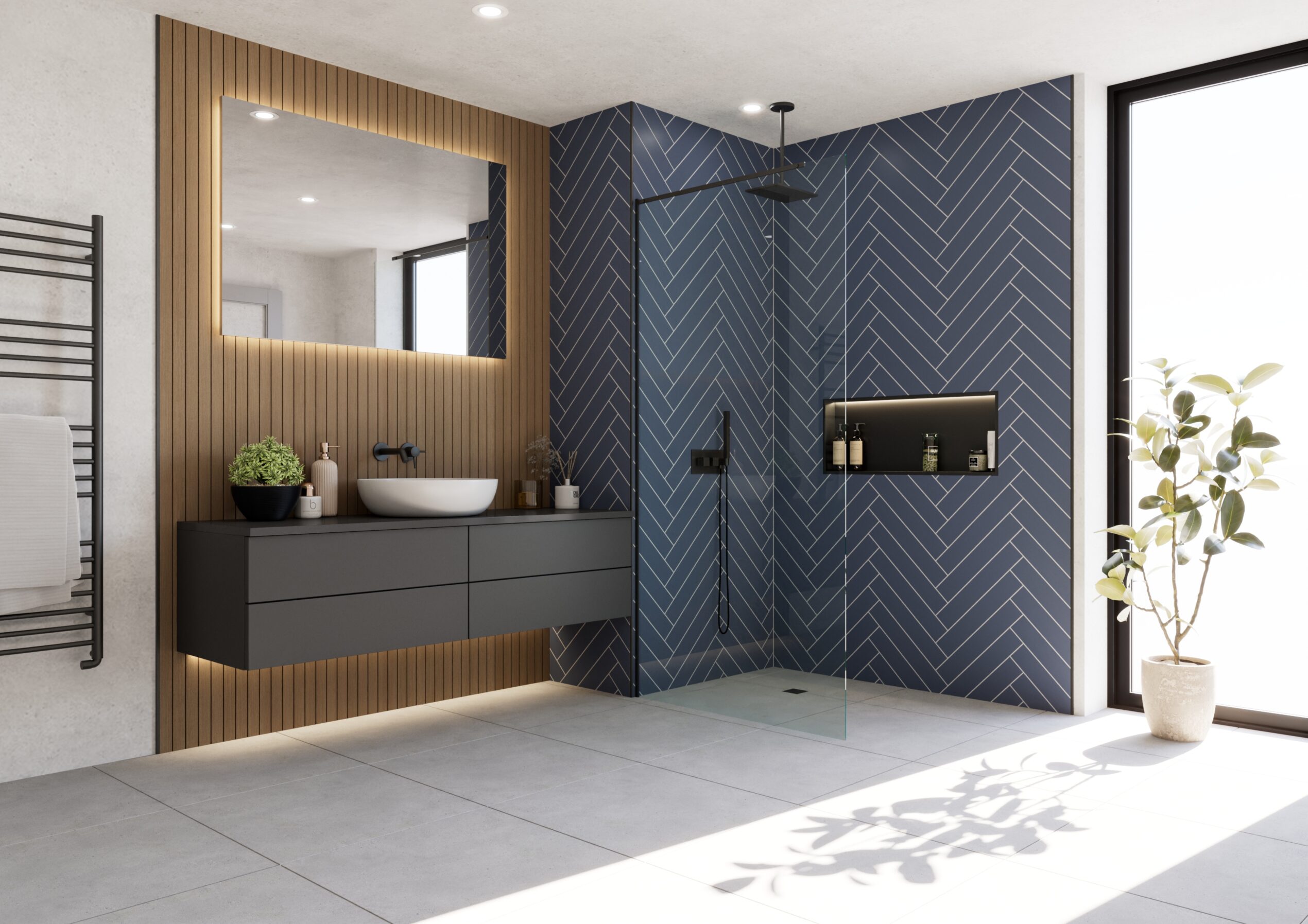 Lyngdal Nordic Blue Herringbone bathroom wall panel roomset 2