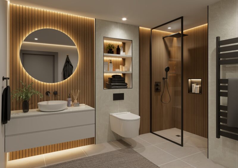 Lyngdal Tind and Eden Oak Slat wall bathroom wall panel roomset 1